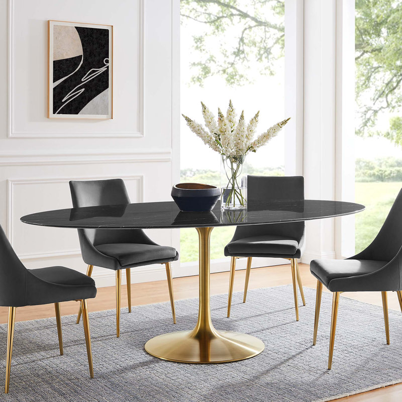  Table de salle à manger en marbre artificiel Lippa, Doré, Noir, H 29,5 po x L 78 po x l 47 po