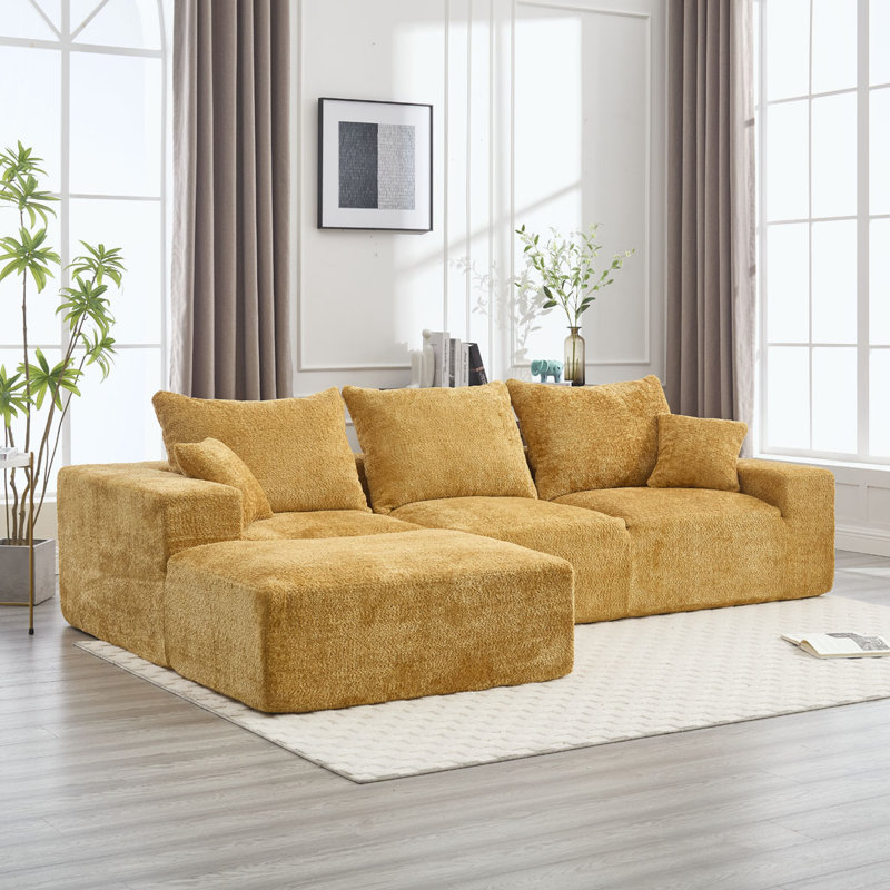 Boucle Sectional Sofa with pillows,No Assembly Needed, Yellow Boucle