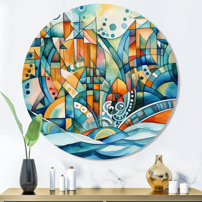 «Blue and orange», art mural rond abstrait géométrique sur métal, H 36 po x l 36 po x P 1 po