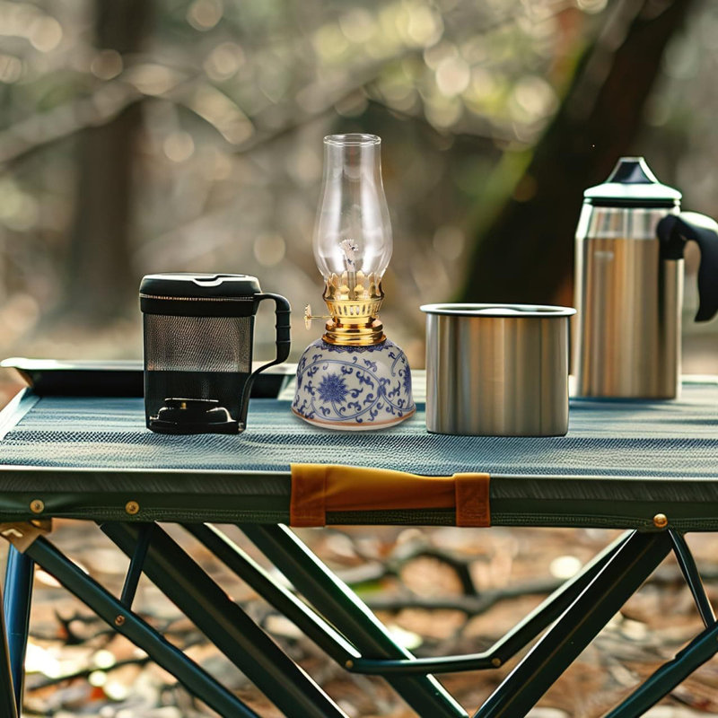 Lampe à huile ouragan en céramique avec mèche réglable, design rétro en porcelaine bleue et blanche pour la décoration intérieure, le camping et l'éclairage de secours