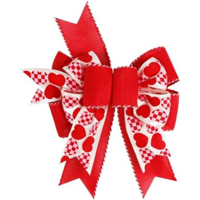 Burlap Wired Valentine Bow Red Bows with Heart Print for Wreath, Wedding Decorations (9.5 x 13 inch)