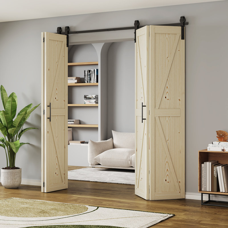 Porte pliante en pin massif avec ensemble de quincaillerie ROOMTETE - Porte intérieure pliante pré-assemblée, Jaune