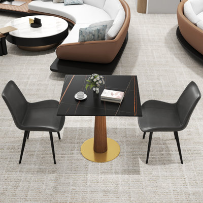 3-Piece Modern Square Sintered Stone Conference Table Set With 2 Leather Chairs