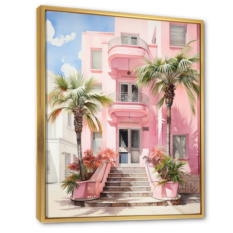 Zappha Pink Miami Artful Facades II - Miami, art mural, H 40 po x l 30 po x P 1,5 po, Cadre flottant doré
