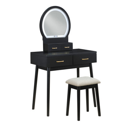 Beautiful Black Finish Vanity Dresser With Mirror And Stool Set Storage Drawers Luxury Furniture 1Pc LED Mirror