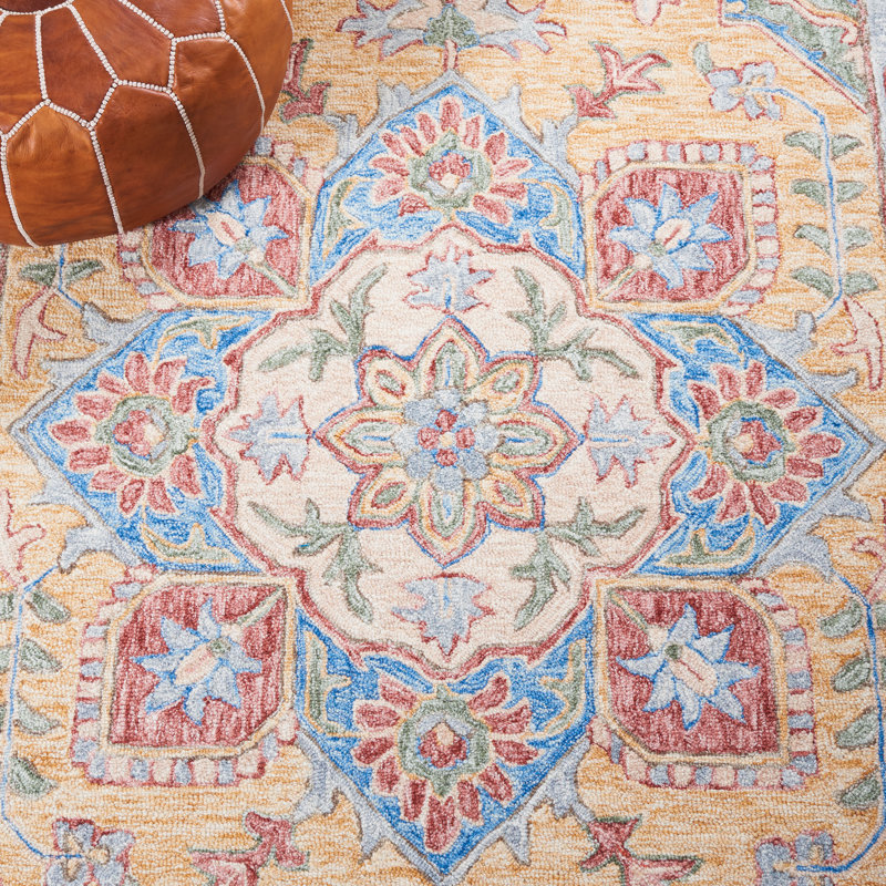 Eldiona Hand Tufted Wool/Cotton/Latex Oriental Rug in Yellow/Rust, Square 6'