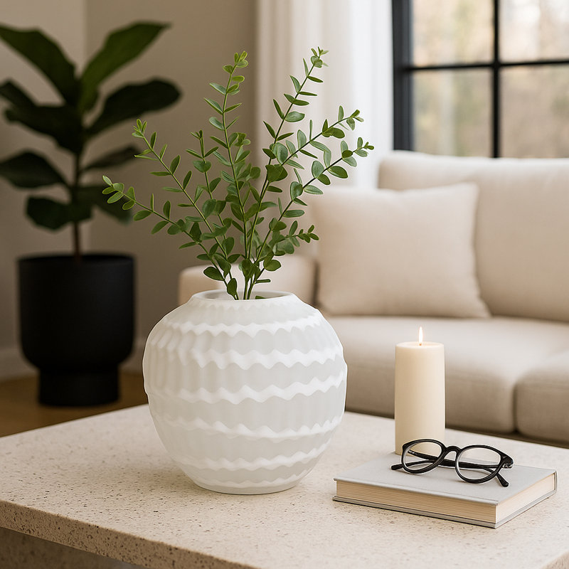 Vase en verre sculpté avec rayures verticales, H 10,5 po x l 11,75 po x P 10,5 po