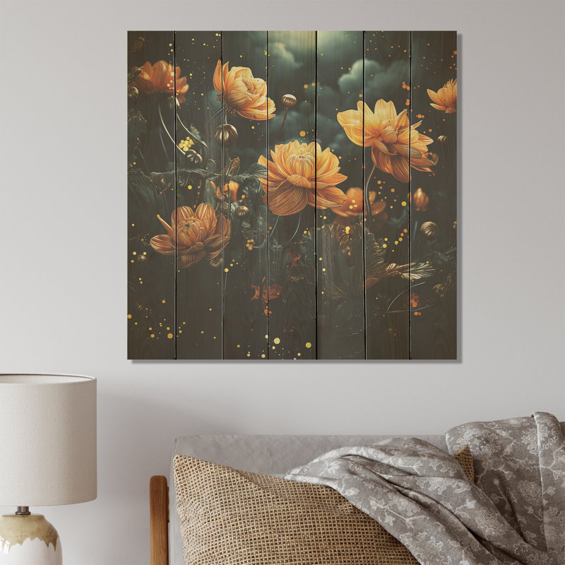 Starry Night Marigold Flower II - Marigold On Wood Print, 36" H x 36" W