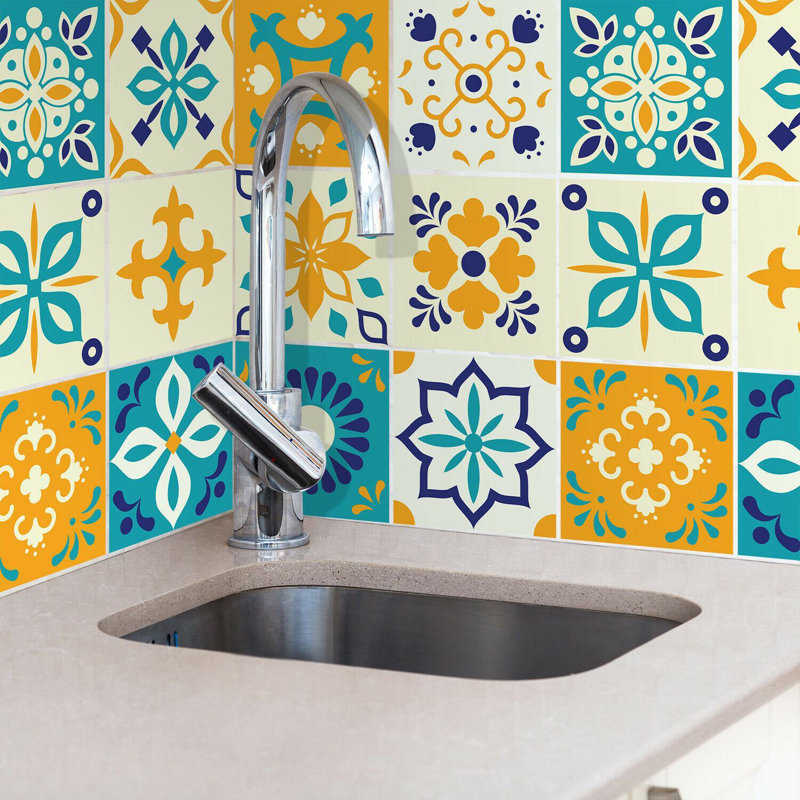 Marjorelle Moroccan Wall Tile Sticker Set 15cm x 15cm PVC, Yellow/Blue
