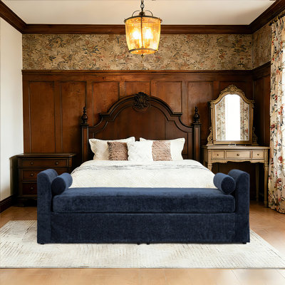CHIRA  90.7" Oversized Bed Ottoman, Blue Chenille Upholstered Extra Long Bench with Arms