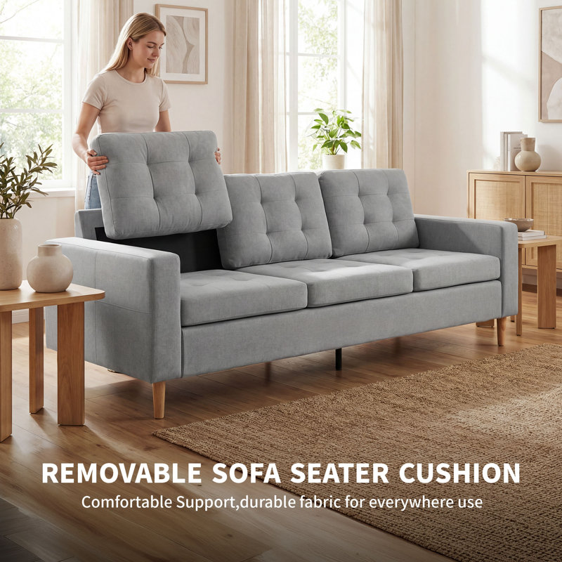 3 Seater Fabric Sofa, Natural Wood, Light Gray