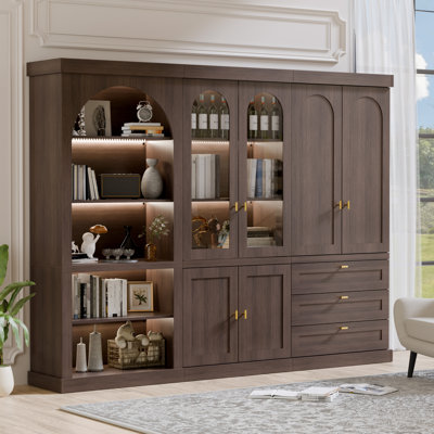 3-Piece Striped  Freestanding Combination Arched Storage Cabinet Set With Glass Doors,  And Led Lighting