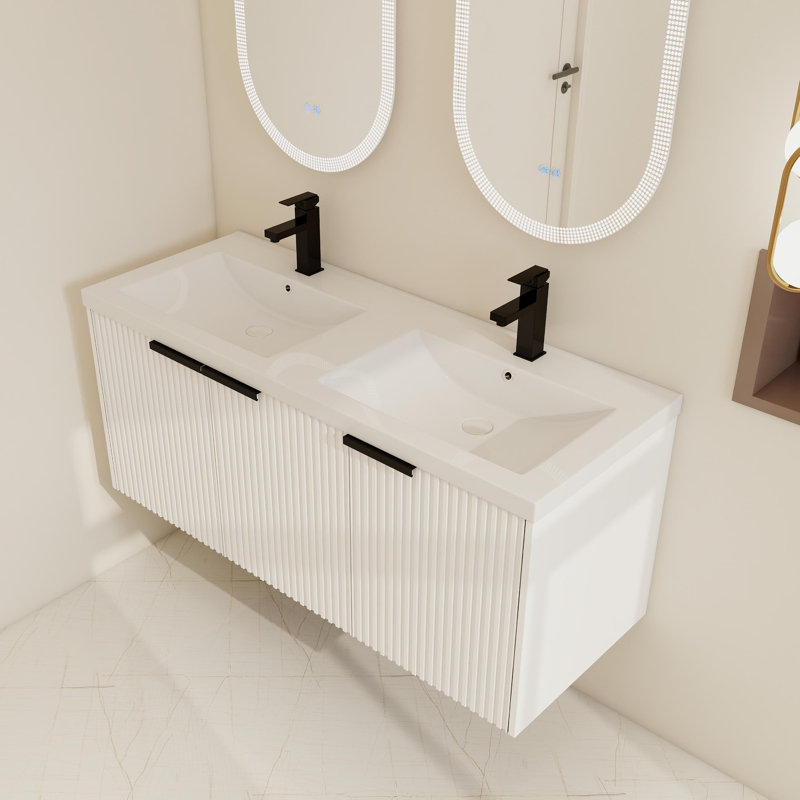 Ensemble de meuble-lavabo mural double 48 po avec 2 lavabos 3 48 po et 3 portes, Blanc