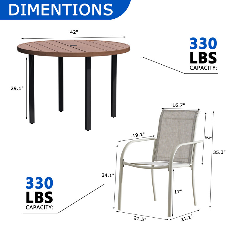 5-Piece Outdoor Dining Set, Round Metal Table With 4 Grey Chairs, Walnut Patio Table With Umbrella Hole For Garden, Yard, Patio