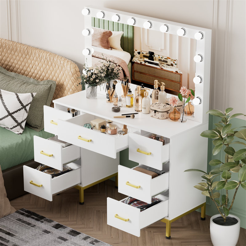 Exdol Vanity Set with Lighted Mirror, Black/Retro Brown