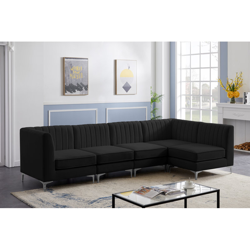 Enson Velvet L-Shaped Sectional Reversible, Black Velvet