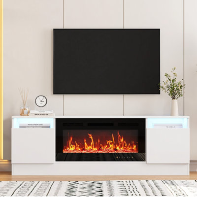 Meuble télé 70 po pouvant accueillir jusqu'à 75 po, meuble audio-vidéo moderne avec armoire de rangement, pouvant être installé dans un foyer électrique de 36 po - mais n'inclut pas le foyer