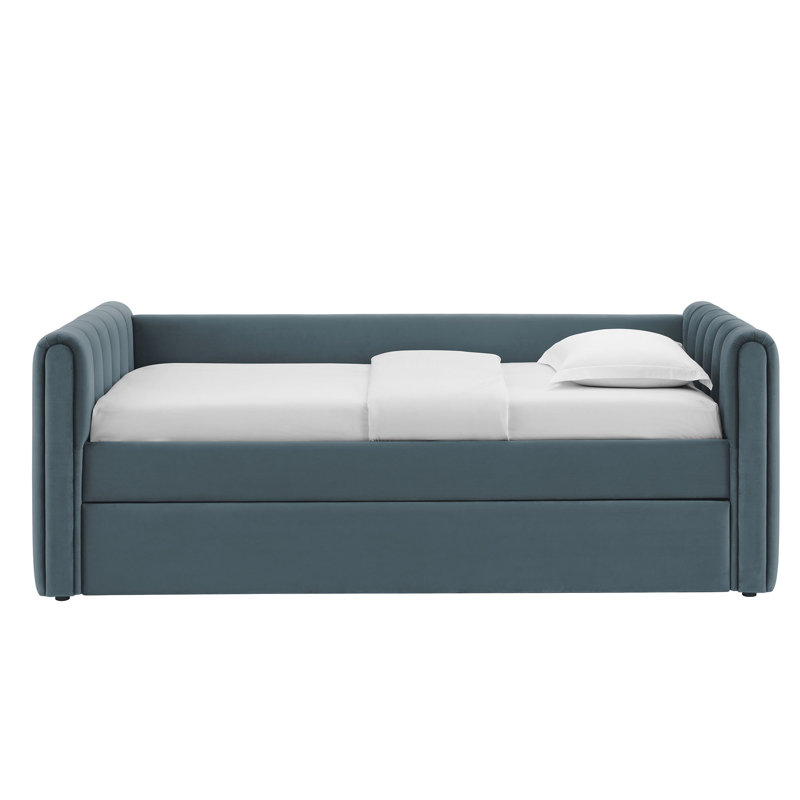 Lit de jour simple en velours Veyla Channel, Bleu cadet