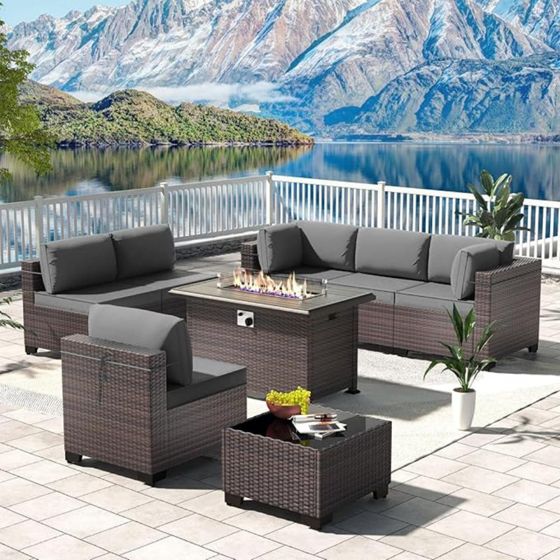 Yasmina 8-Pieces All-Weather Wicker Outdoor Conversation Sets With 55,000 BTU Fire Pit Table And Cushions, Gray