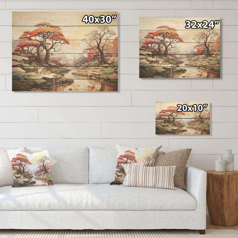 Paysage onirique de baobab I - Art baobab sur bois de pin naturel, H 10 po x l 20 po