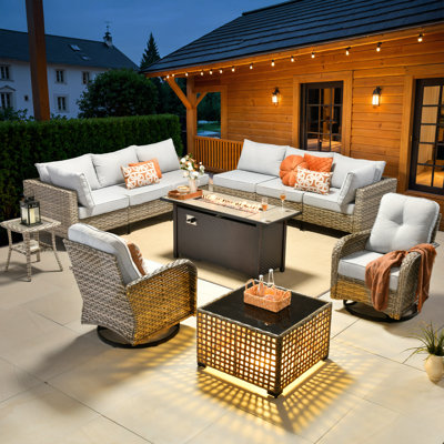 Emroy 8 - Person Reversible Modular Outdoor Conversation Set,Wicker Patio Seating Group with Lighted Coffee Table, All Weather Swivel Chair Set with Cushions