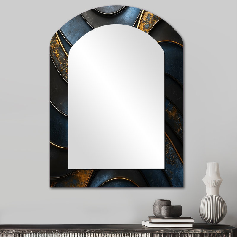 Fractal turquoise Drift Of Marble II - grand miroir mural arqué sur métal, 34 po x 25 po