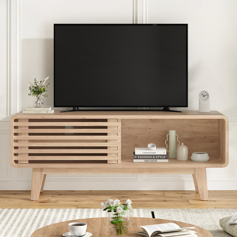 Mid-Modern Century TV Stand for TVs Up to 59 Inches with Storage Cabinet and Sliding Doors,  for Living Room and Bedroom