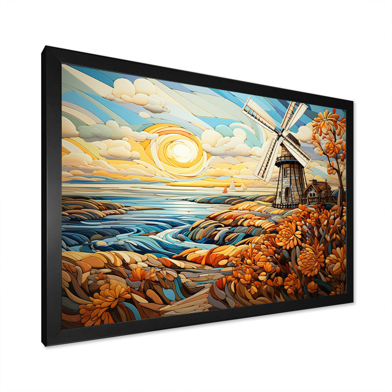 Windmill Coastal Breeze - Wind Turbines, art mural, Cadre d'angle fermé noir, H 12 po x l 20 po x P 1 po