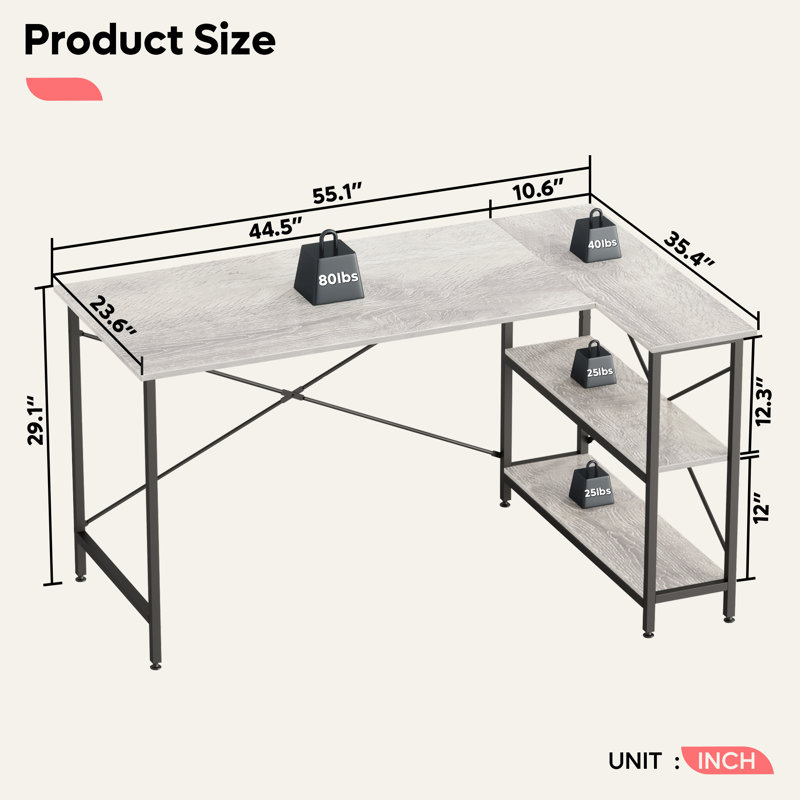 Bureau réversible en L Atia, H 29,13 po x l 55,12 po x P 35,43 po, Chêne blanc rétro / noir