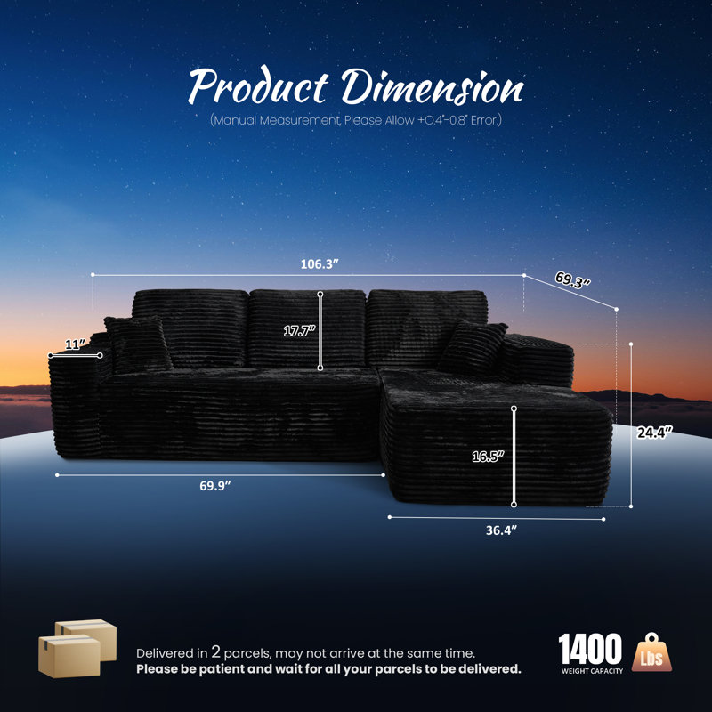 2 - Piece Upholstery Boneless Compression Sectional, Convertible Cloud-Like Sofa with No Assembly, Right Hand Facing, Black 