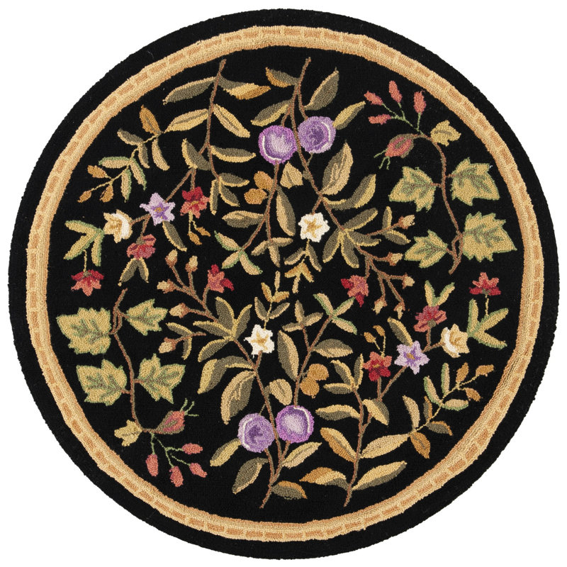 Kinchen Hand Hooked Wool Pile Floral Rug, Round 5'6"