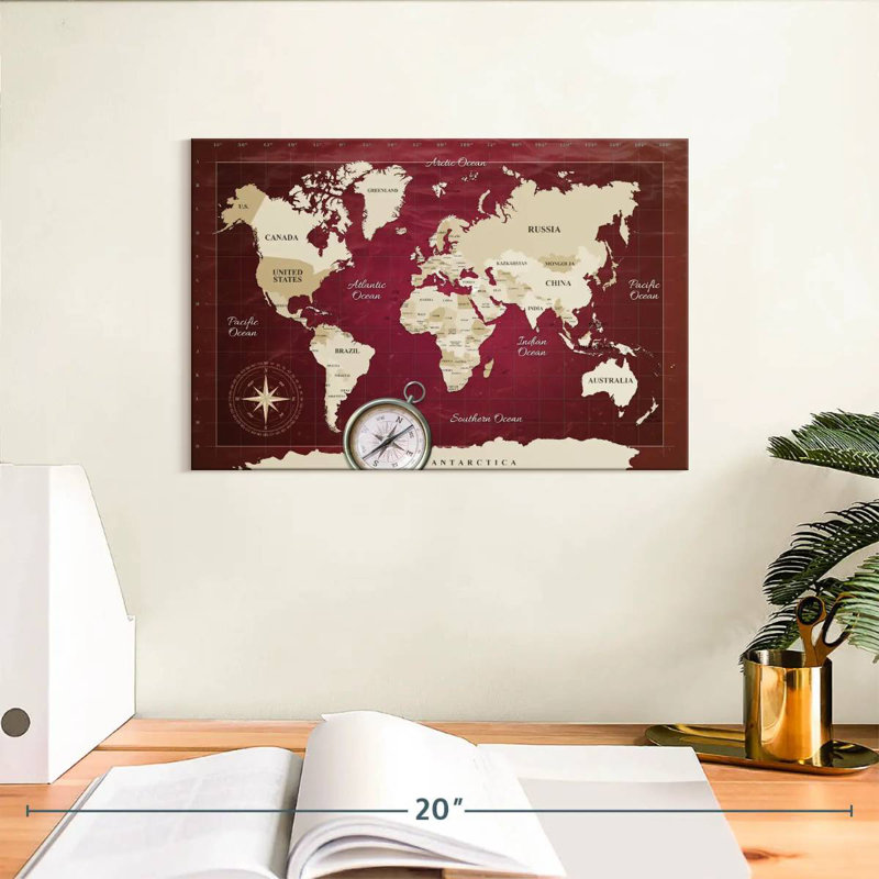 Aliaz Red Longitude World Map, 8" H x 12" W