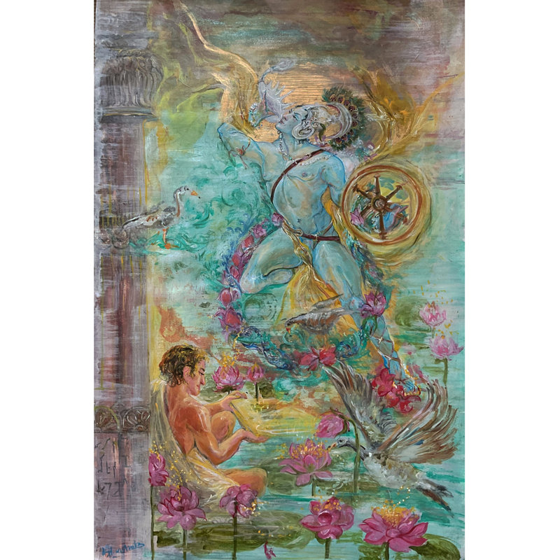 Lord Krishna avec son dévot | Acrylique couleur sur feuille d'huile | Anuj Shastrakar