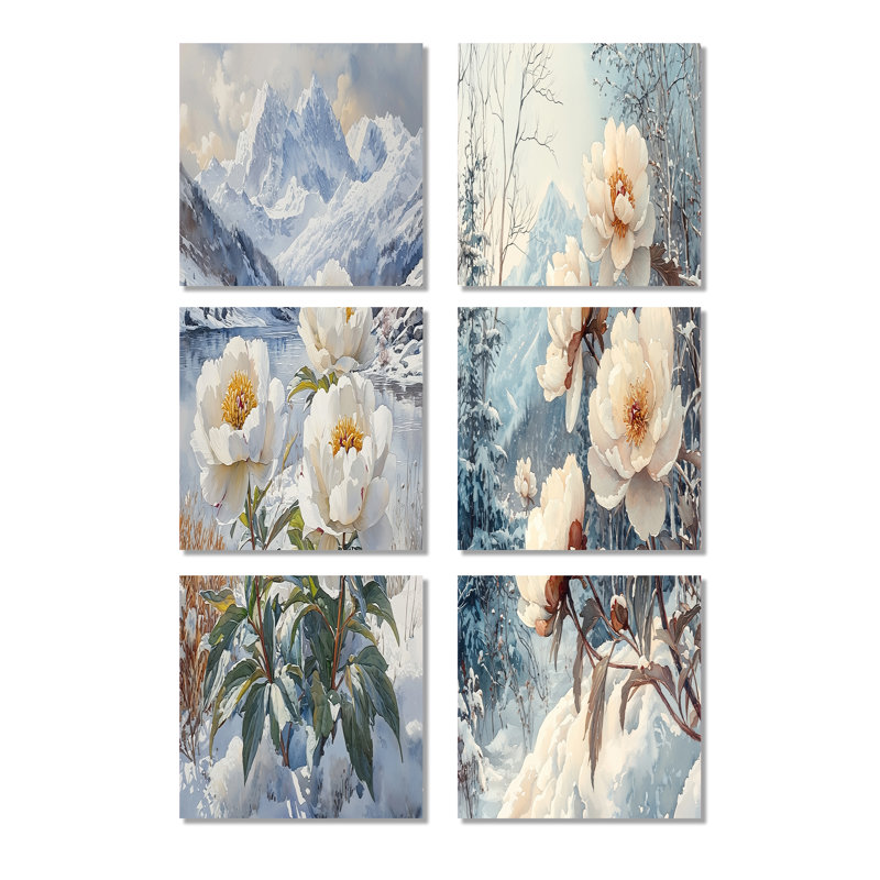 Pivoines enneigées dans la forêt - ensemble de 6 impressions murales florales, Toile tendue, Ne s’applique pas
