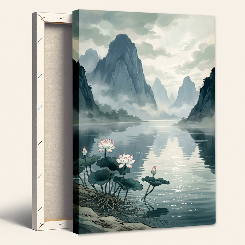 Fleurs de lotus et montagnes brumeuses, tableau sur toile à l'encre bleue, 36"H x 24"W