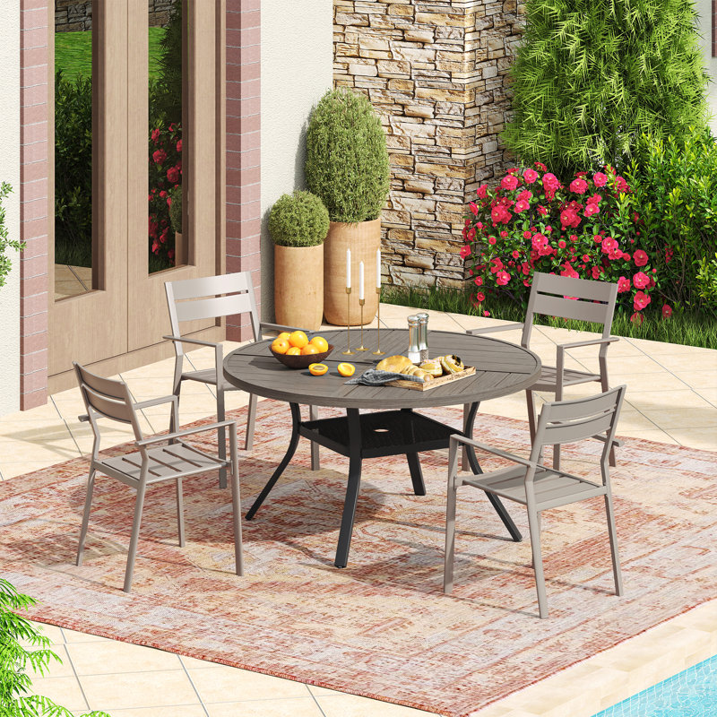 4-Person Round Patio Dining Set with Metal Dining Table and 4 Stackable Metal Armrest Chairs, Brush Wood Gray/Cream