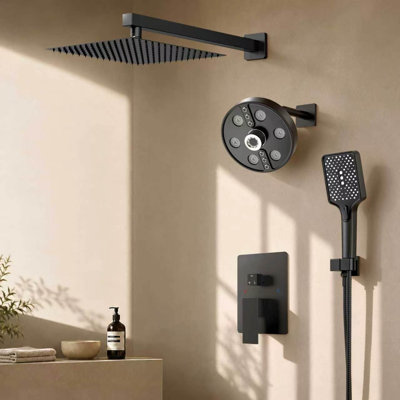 10" High Pressure Shower System, Wall Mount Rainfall Shower Faucet Set with Handheld Spray, Matte Black