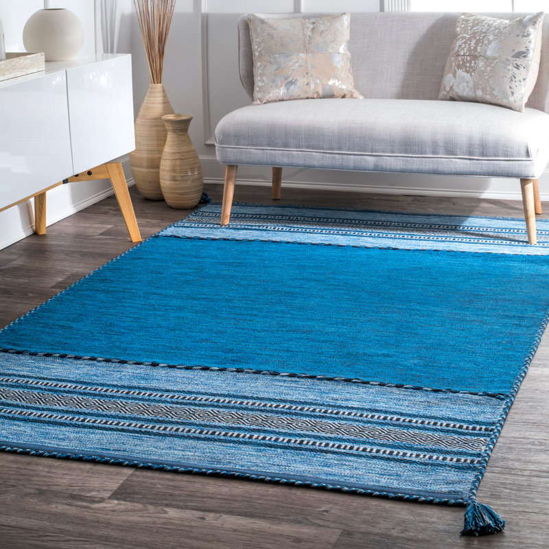 Tapis bleu en coton touffeté à la main à motif géométrique, Rectangle 5 pi x 8 pi