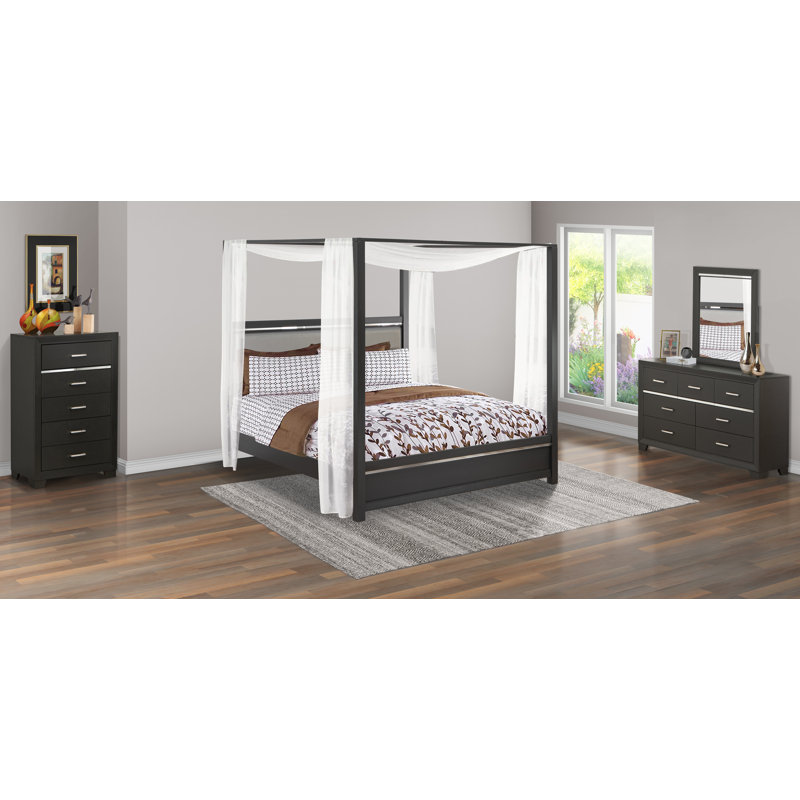 Ensemble de lit 4 pièces pour très grand lit avec 1 base de lit, 1 commode de chambre à coucher, 1 miroir de pièce et une commode Mid-Century - Finition gris brossé