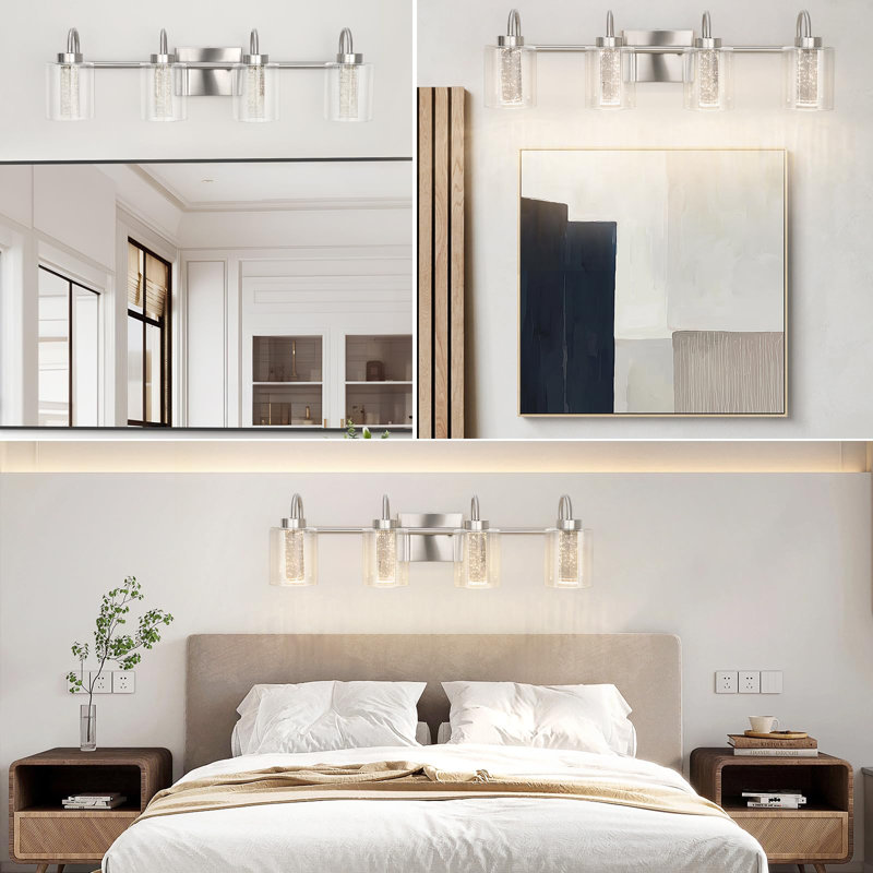 Luminaire de salle de bain brossé 4 lumières, lumières de meuble-lavabo en verre cristal à intensité variable 3 couleurs