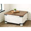 Table basse de style campagnard avec rangement et plateau relevable à charnière, finition blanche rustique vieillie, surface spacieuse avec compartiment caché