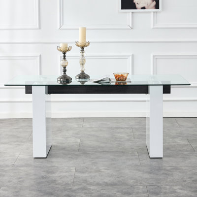  Grande table de salle à manger rectangulaire avec plateau en panneau de fibres à densité moyenne à motif et pieds en bois pour la cuisine ou le salon, blanc