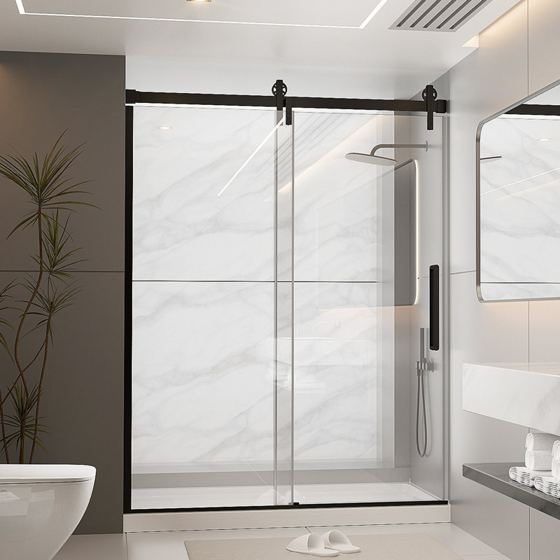 Shower Door, 60" W x 75" H, 5/16" (8mm) Tempered Glass with Easy Clean Coating, Reversible Matte Black Frameless Sliding Shower Door