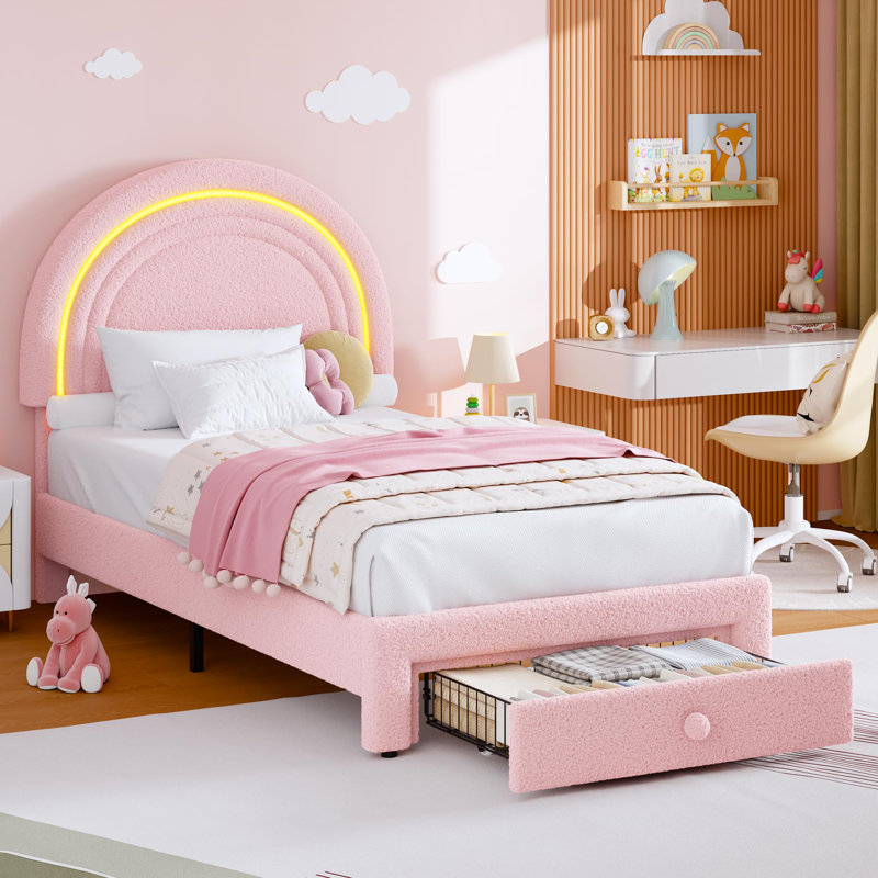 Lit plateforme princesse en polaire berbère pour enfant, avec cadre de lit double capitonné et éclairage DEL, tiroir de rangement et tête de lit arc-en-ciel. Sommier à lattes en bois, montage facile, rose clair.