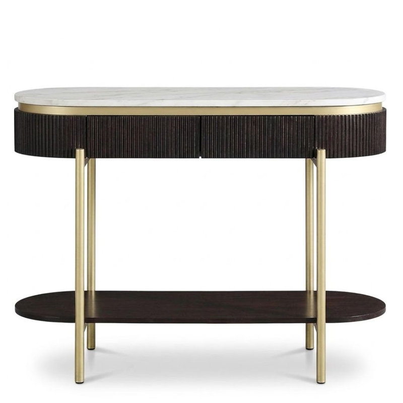 Dominic 48 In. Dark Walnut And Gold Oval Faux Marble Console Table With Fluted Apron