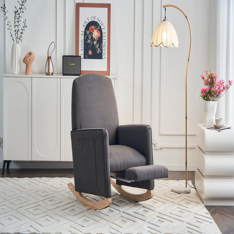 Chaise berçante en coton et lin avec repose-pieds réglable, Gris foncé
