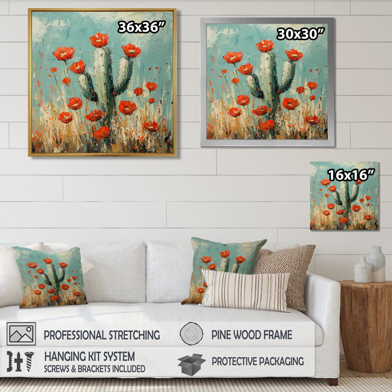 Cactus et les fleurs du désert I - art mural cactus, H 36 po x l 36 po, Reproduction encadrée d'une seule photo, Blanc