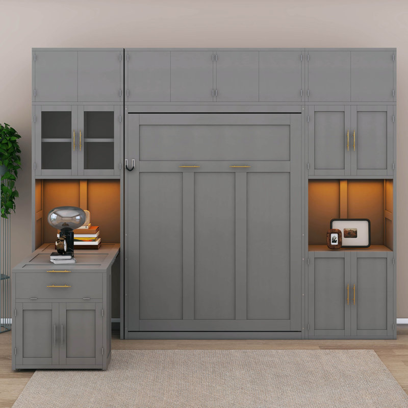 Lit escamotable avec armoires de rangement, bureau, prises USB, tablettes éclairées à DEL, armoire à porte vitrée, Grey