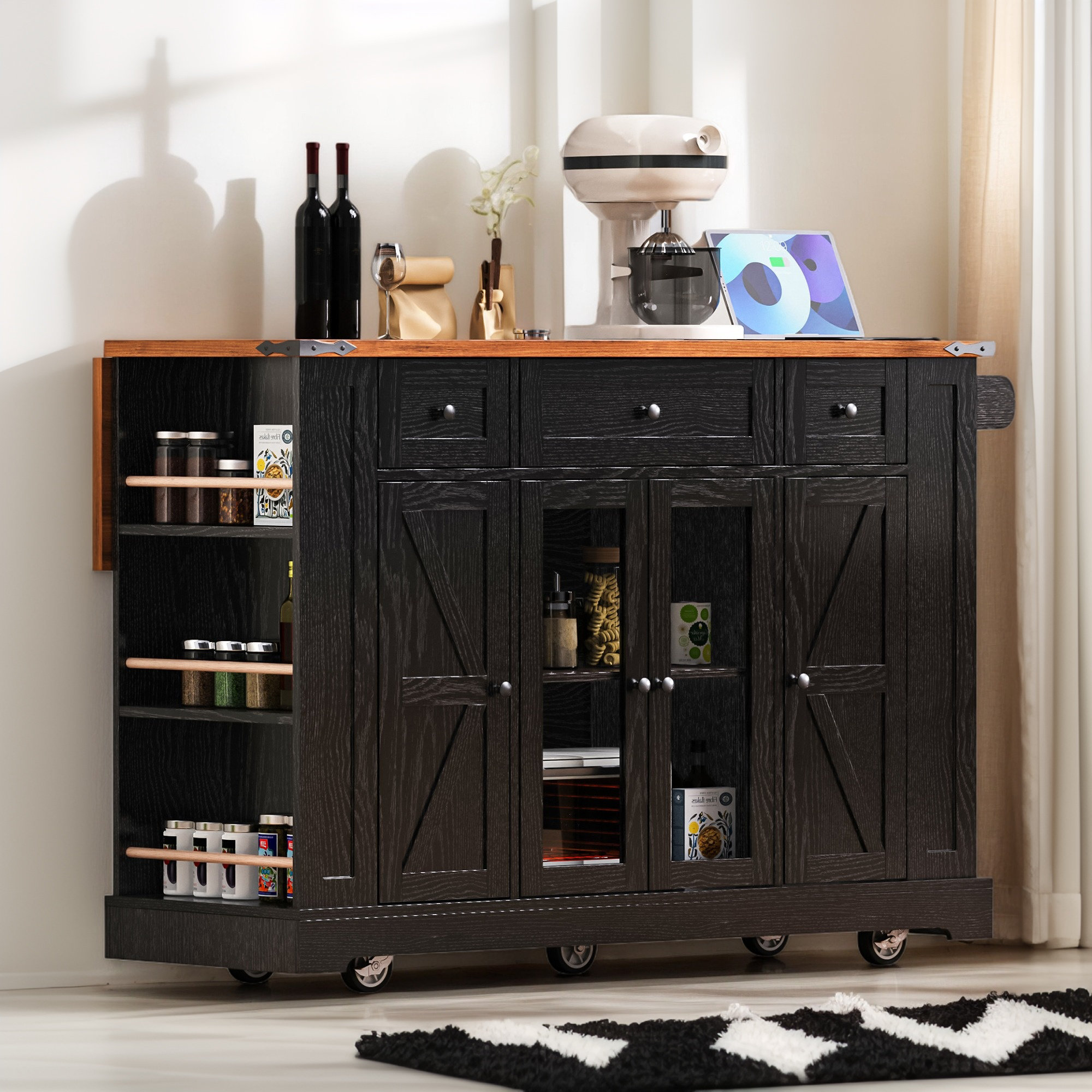 Ophelia & Co. Farmhouse Kitchen Island with Two Tempered Glass Cabinet ...