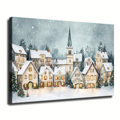 Watercolor Snowy European Christmas Village With Church And Glowing Windows, Large Gallery Wrapped Canvas Wall Art Print For Living Room Bedroom